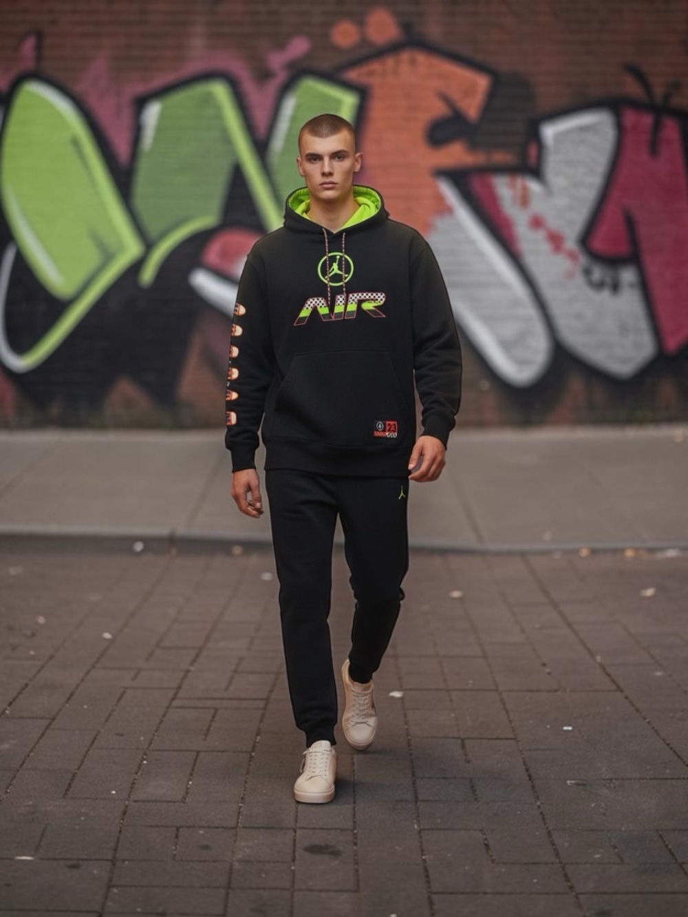 Jordan Men's Black Large Hoodie with Neon Lime Lining and Multicolor AIR Graphic - Picture 2 of 9